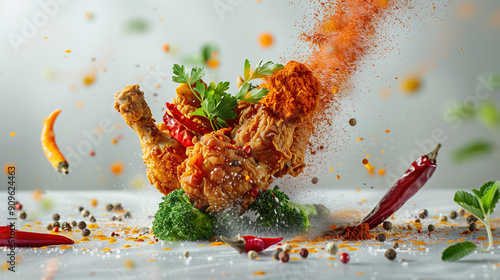 Crispy Fried Chicken Surrounded by Spices Flying in the Air on a Plain White Background in Studio Lighting photo