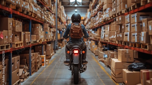 Rider on Motorcycle Navigating Through Busy Warehouse Full of Cardboard Boxes