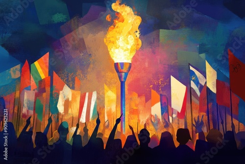 An artistic depiction of the torch being lit, with the iconic flame and a crowd of spectators holding flags from different countries
