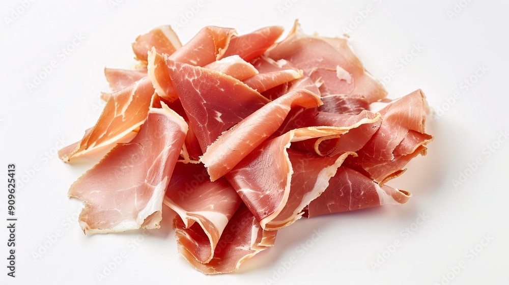 Sliced cured meat on white background. High-quality photo. Sliced cured meat on white background. High-quality photo.