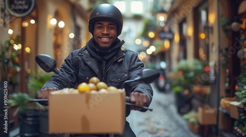 Smiling Delivery Rider on Scooter Transporting Fresh Produce Through Vibrant Urban Alleyway photo