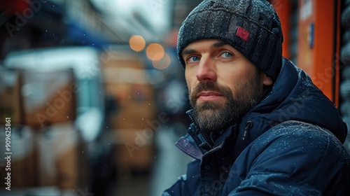 A Man Wearing a Winter Coat and Beanie Stares Thoughtfully Amid Snowy City Street