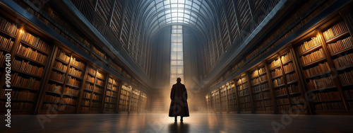 Exploring the Mysteries: Person in an Old Library Surrounded by Enigmatic Doors and Ancient Wisdom photo