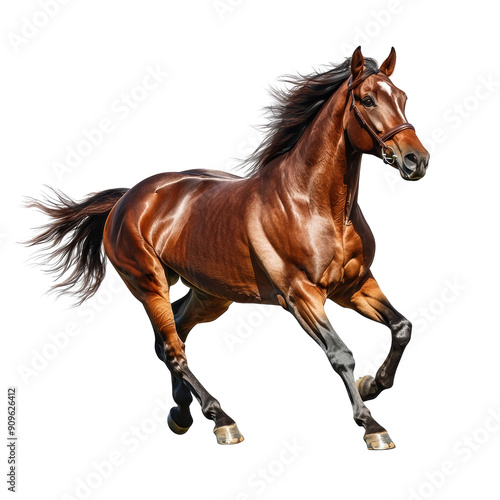 A majestic brown horse gallops gracefully, showcasing its strong physique and flowing mane. The image captures the beauty and power of the animal in motion