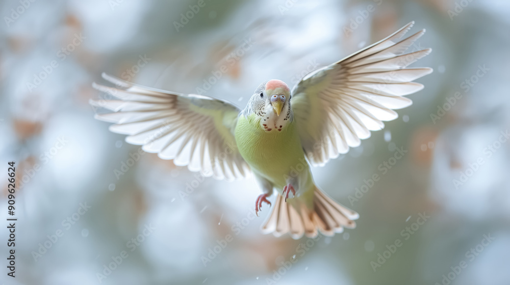Parrot flying with wings spread wide in a light, airy setting, highlighting its vibrant colors and graceful movement Parrot flying with wings spread wide in a light, airy setting, highlighting its vibrant colors and graceful movement