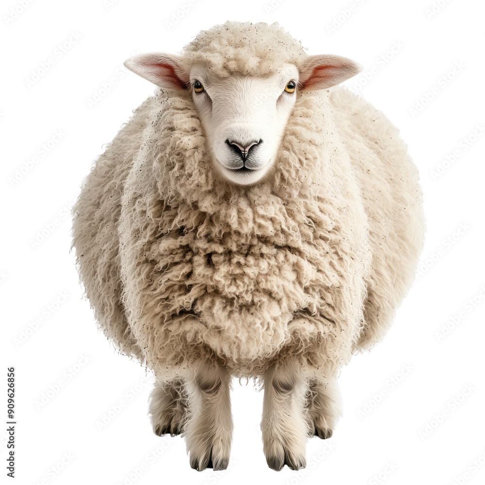 A fluffy, white sheep stands facing the viewer, showcasing its woolly coat and gentle expression A fluffy, white sheep stands facing the viewer, showcasing its woolly coat and gentle expression