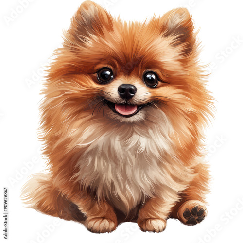 A cheerful Pomeranian dog with fluffy orange fur and big, expressive eyes, sitting happily, radiating warmth and cuteness