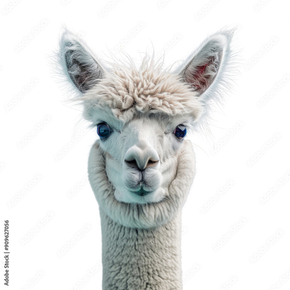 A white llama with a blue eye stares at the camera A white llama with a blue eye stares at the camera