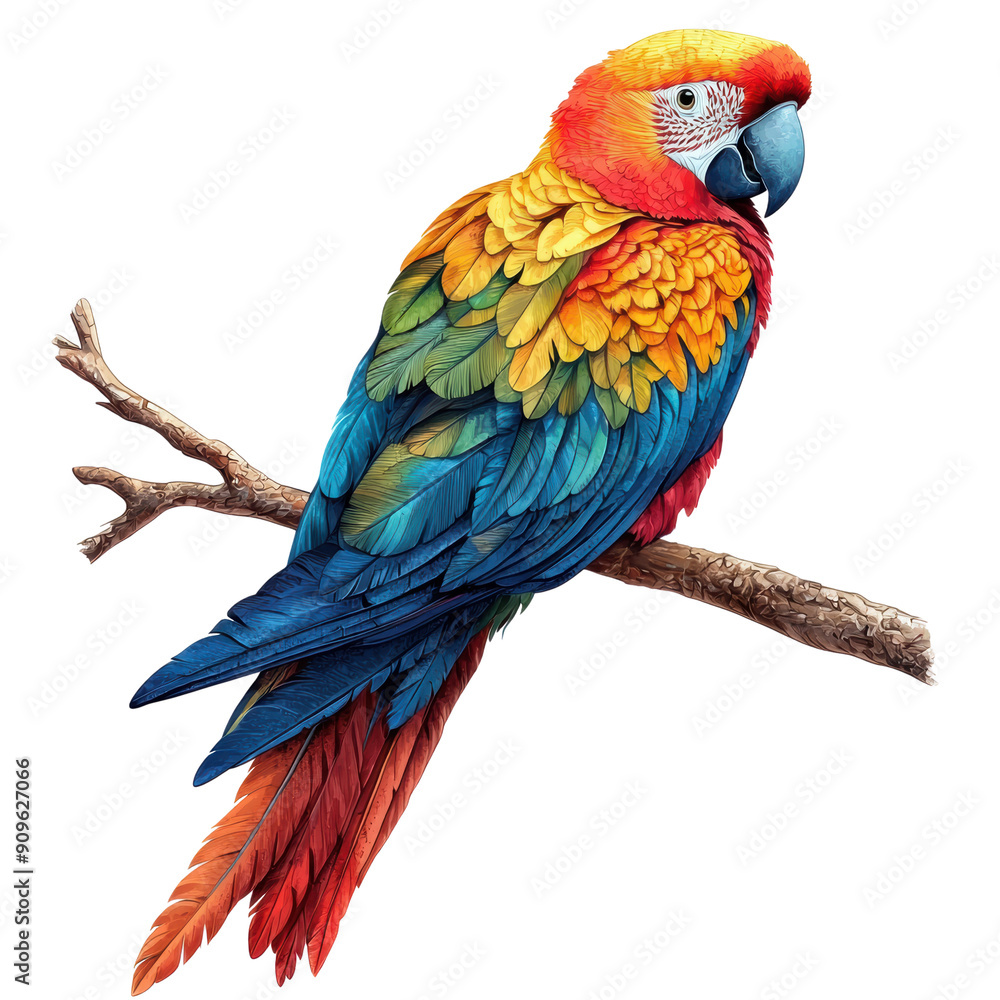 A vibrant illustration of a multi-colored parrot perched on a branch, showcasing its striking feathers and intricate details A vibrant illustration of a multi-colored parrot perched on a branch, showcasing its striking feathers and intricate details