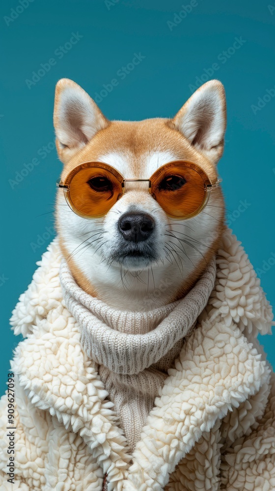 In front view, portrait of a Shiba Ino wearing 1960s mid-century space-age fashion, backdrop is a deep, neutral blue, setting a stark contrast that accentuates the subject with generative ai In front view, portrait of a Shiba Ino wearing 1960s mid-century space-age fashion, backdrop is a deep, neutral blue, setting a stark contrast that accentuates the subject with generative ai
