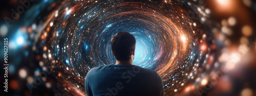 Exploring the Universe: Person at the Edge of a Black Hole Tunnel Filled with Cosmic Swirls photo