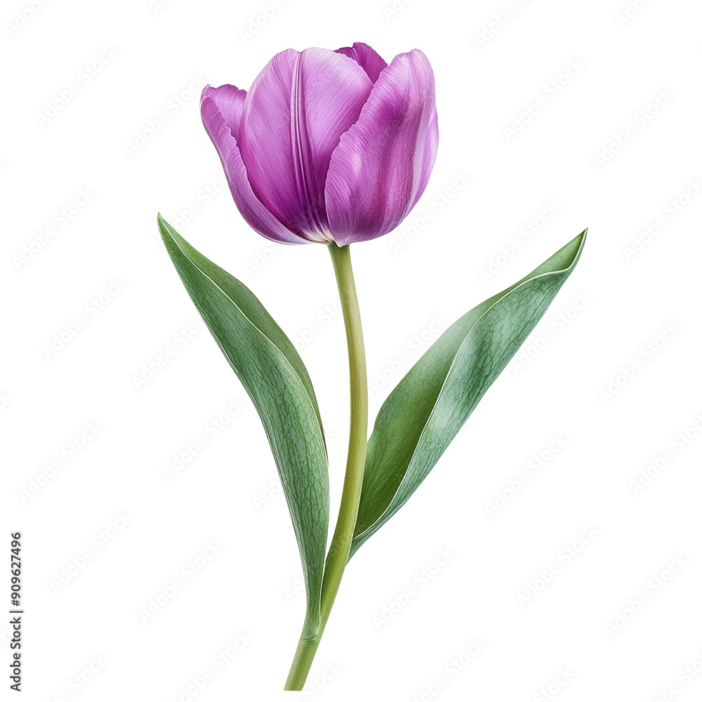 A vibrant purple tulip with smooth petals and green leaves, showcasing its beauty against a plain background A vibrant purple tulip with smooth petals and green leaves, showcasing its beauty against a plain background