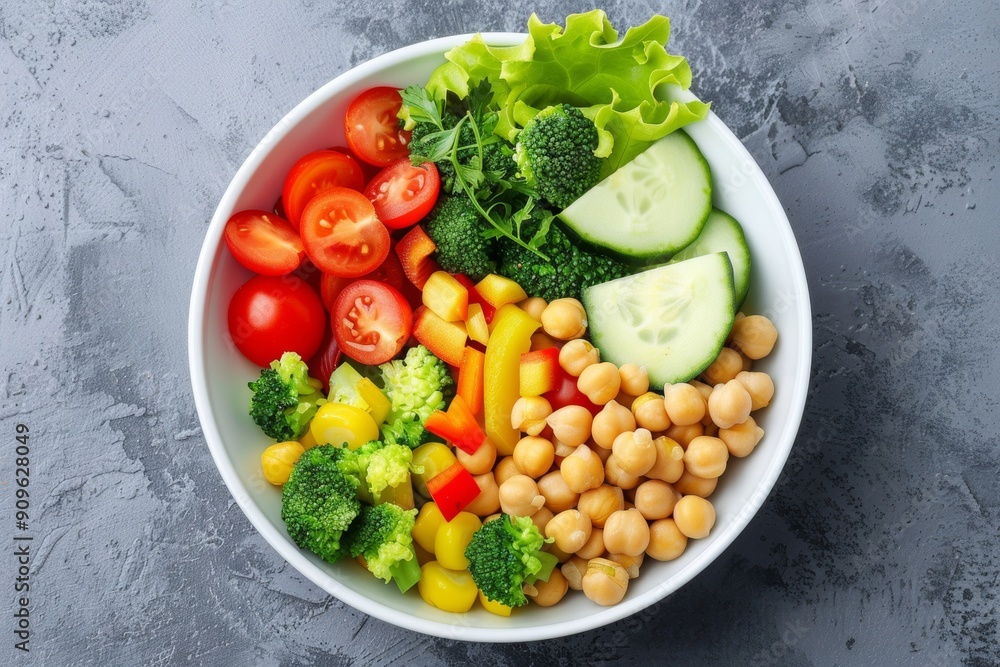 A top-view of a fiber-rich chickpea and vegetable bowl, promoting healthy eating and nutrition with a colorful and nutrient-packed arrangement. A top-view of a fiber-rich chickpea and vegetable bowl, promoting healthy eating and nutrition with a colorful and nutrient-packed arrangement.