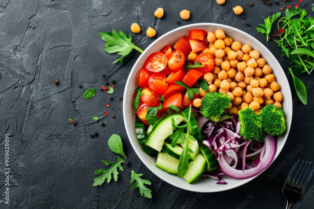 A top-view of a fiber-rich chickpea and vegetable bowl, promoting healthy eating and nutrition with a colorful and nutrient-packed arrangement. A top-view of a fiber-rich chickpea and vegetable bowl, promoting healthy eating and nutrition with a colorful and nutrient-packed arrangement.