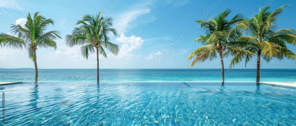 Stunning infinity pool with palm trees overlooking the ocean on a bright sunny day, perfect tropical vacation destination. Stunning infinity pool with palm trees overlooking the ocean on a bright sunny day, perfect tropical vacation destination.
