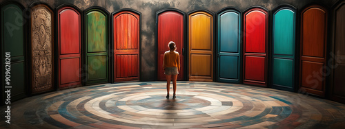 Person Surrounded by a Circle of Colorful Doors with Unique Textures and Designs photo