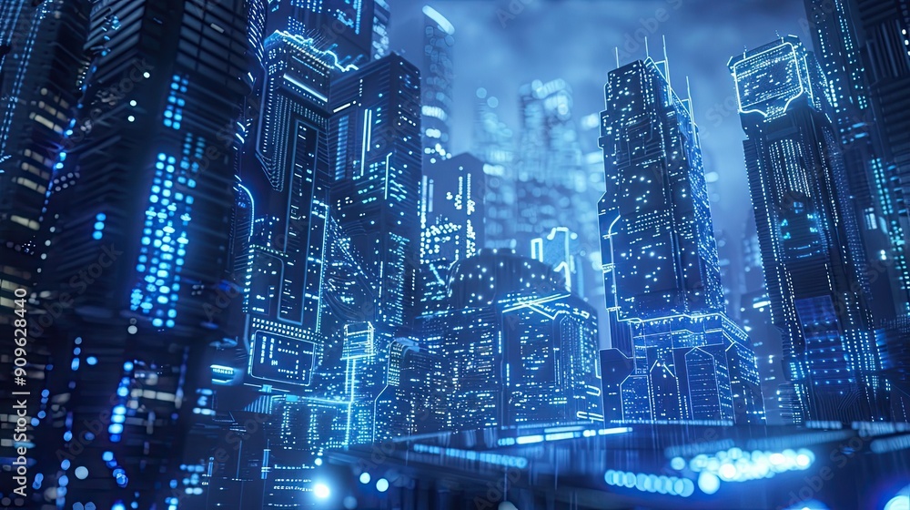 Futuristic Cityscape with Illuminated Towers and Neon Lights Futuristic Cityscape with Illuminated Towers and Neon Lights