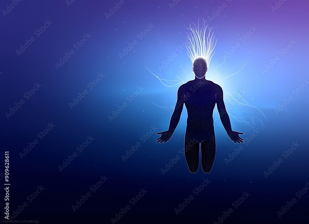 Obraz premium A digital male figure with glowing hair, suspended in a cosmic purple background.