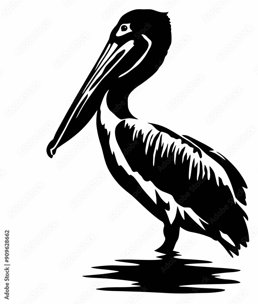A majestic black and white silhouette of a pelican standing in calm water. A majestic black and white silhouette of a pelican standing in calm water.