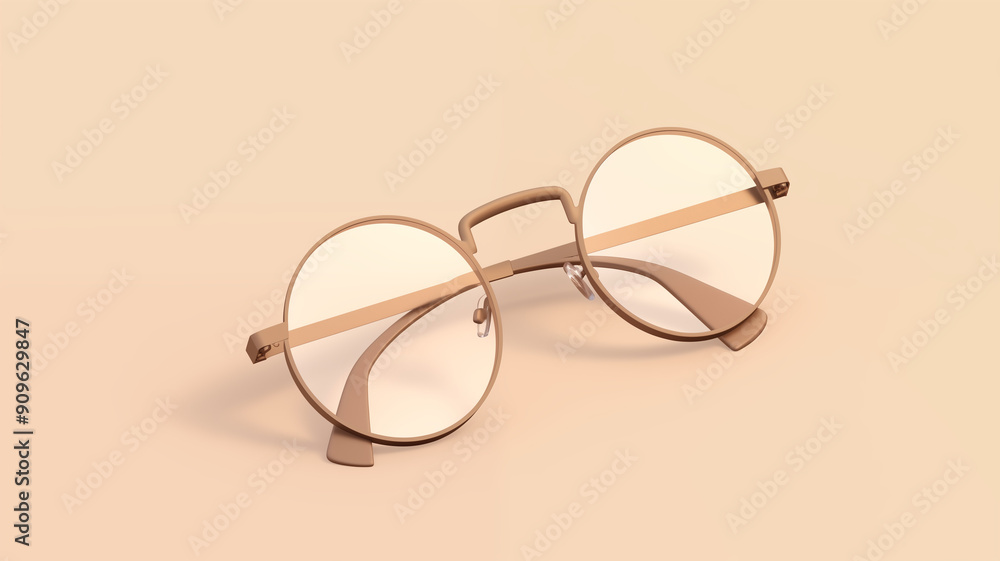 3D Render Pair of Eyeglasses with Sleek Frames on a Pastel Beige Background, Concept of Vision and Style. Generative AI 3D Render Pair of Eyeglasses with Sleek Frames on a Pastel Beige Background, Concept of Vision and Style. Generative AI