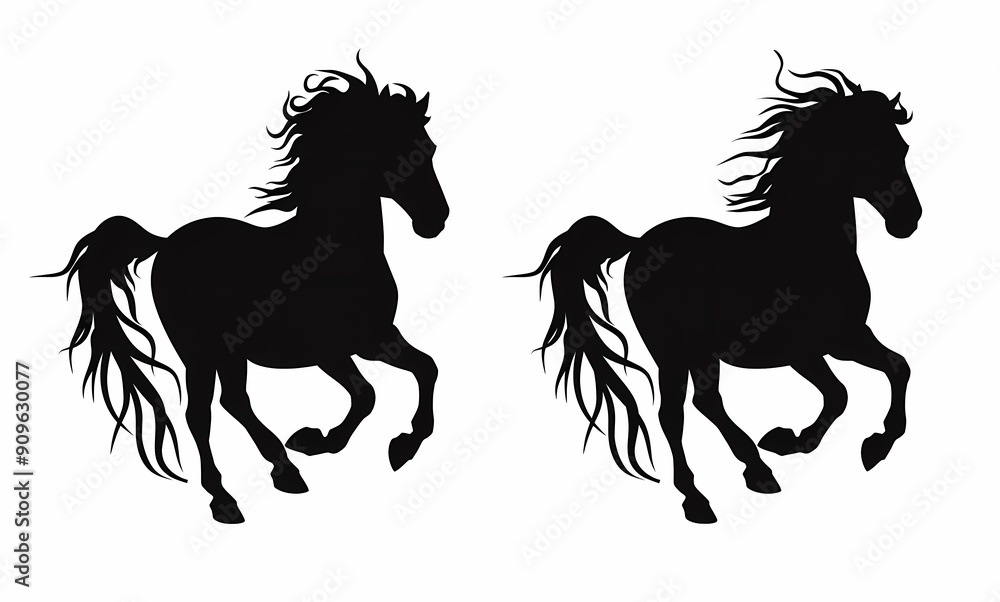 Two graceful silhouette horses in motion on a white background. Two graceful silhouette horses in motion on a white background.