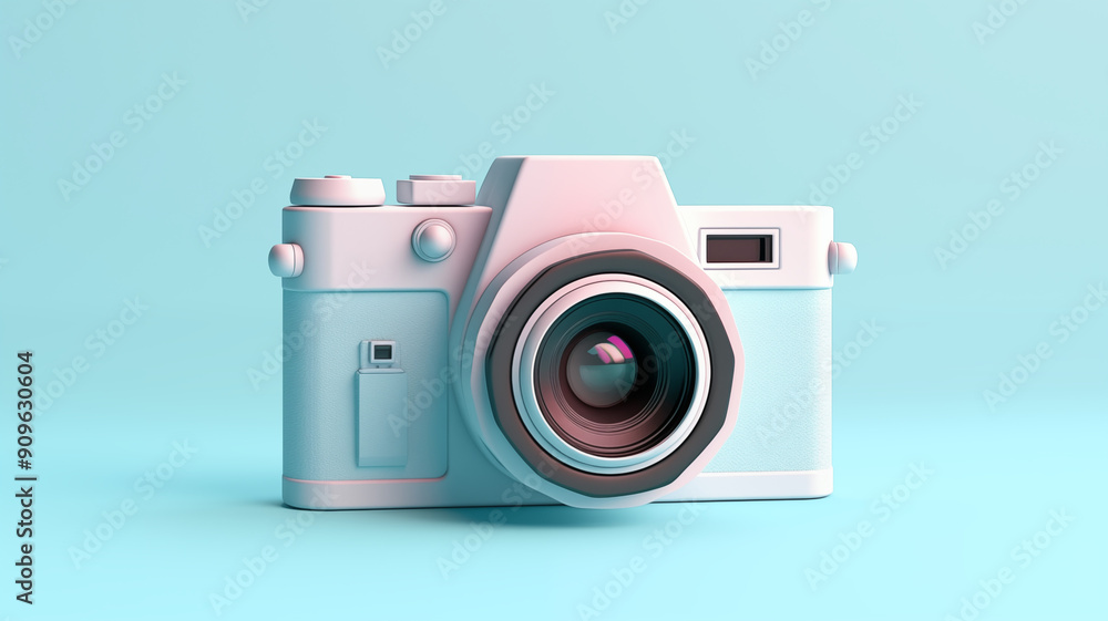 3D Render of Camera on Pastel Blue Background. Generative A 3D Render of Camera on Pastel Blue Background. Generative A