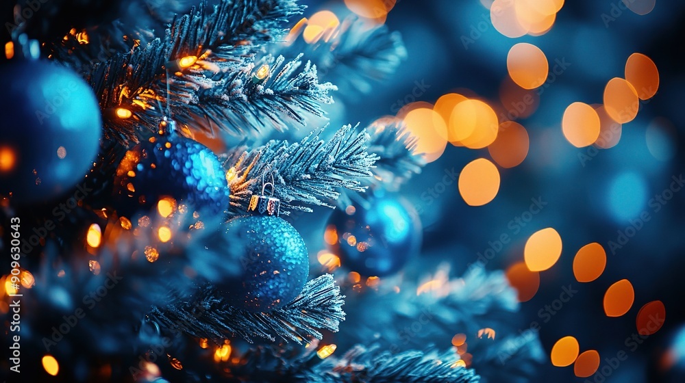 Blue Christmas: A close-up of a Christmas tree adorned with shimmering blue ornaments, bathed in warm, golden light. Blue Christmas: A close-up of a Christmas tree adorned with shimmering blue ornaments, bathed in warm, golden light.