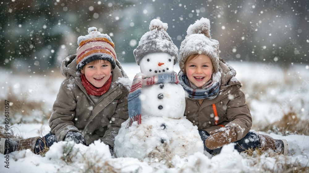 Two cheerful children build a snowman in a snowy landscape, enjoying a fun winter day filled with laughter and snowflakes. Two cheerful children build a snowman in a snowy landscape, enjoying a fun winter day filled with laughter and snowflakes.