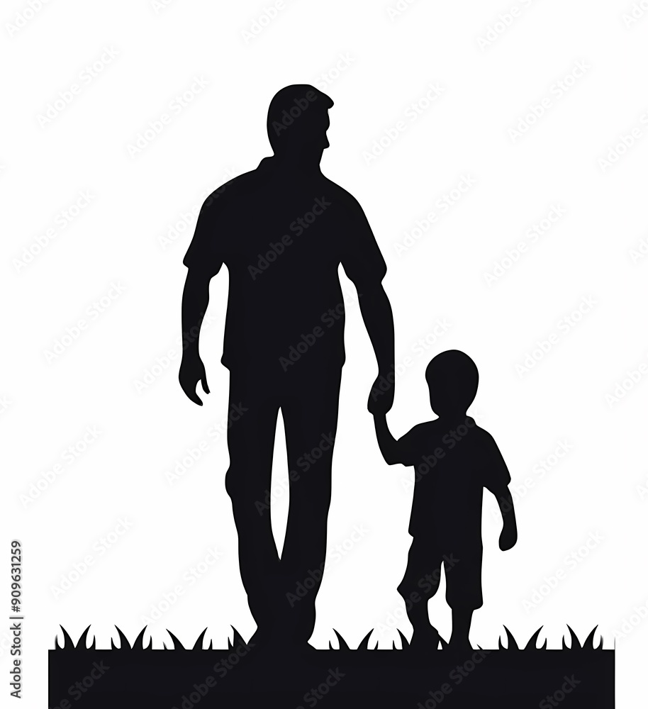 Silhouette of a father and son walking hand in hand in a park. Silhouette of a father and son walking hand in hand in a park.