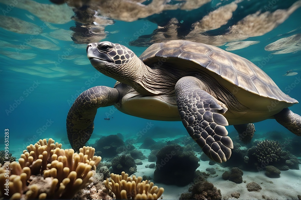 Obraz premium ocean underwater close giant swims corals background tortoise turtle sea reef coral fish blue tropical marin water animal green swimming wildlife wild nature life aqualung aquatic reptile loggerhead