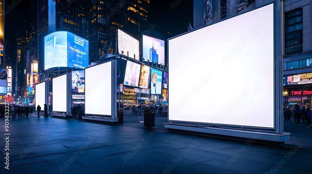 Illuminated Blank Billboards Dominating the Nighttime Cityscape of Times Square in New York City Illuminated Blank Billboards Dominating the Nighttime Cityscape of Times Square in New York City