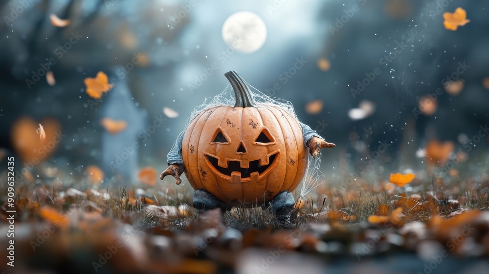 Lone pumpkin zombie stumbling through overgrown graveyard. Lone pumpkin zombie stumbling through overgrown graveyard.