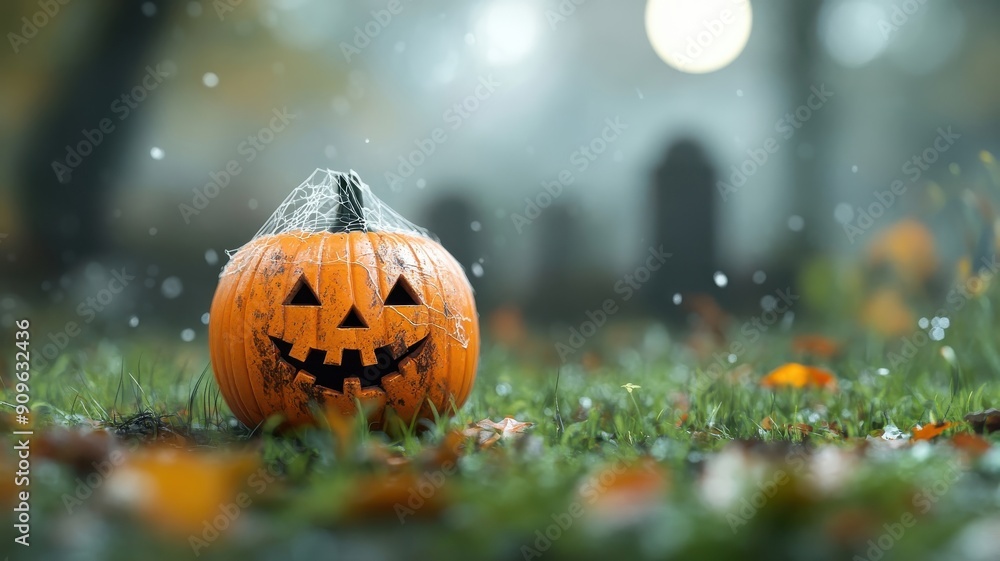 Lone pumpkin zombie stumbling through overgrown graveyard. Lone pumpkin zombie stumbling through overgrown graveyard.
