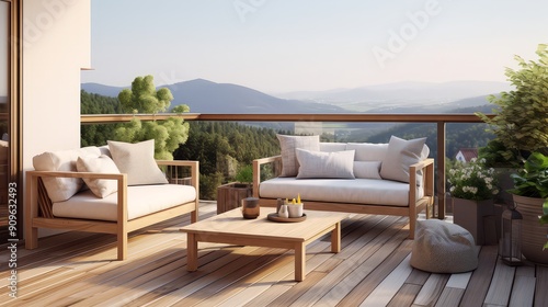 Elegant decorated balcony with rattan outdoor furniture  bright pillows and plants. Interior design terraces