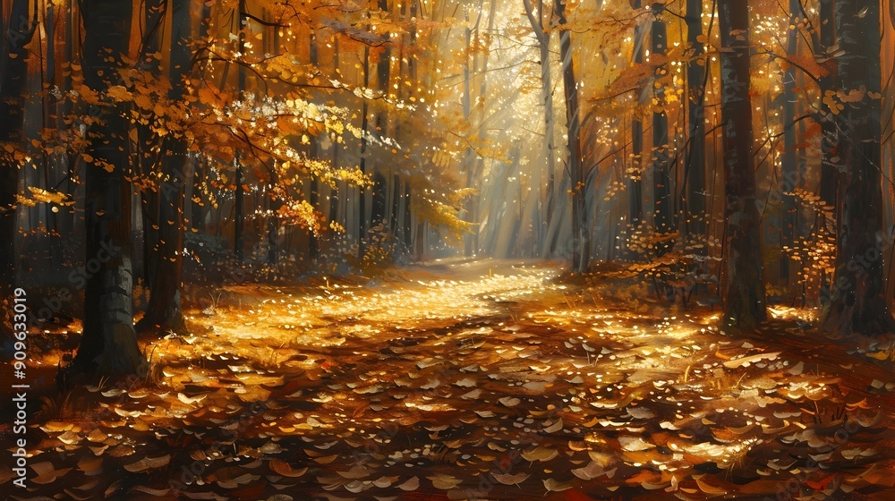 Serene Autumn Forest Landscape with Golden Leaves and Sunlight Filtering Through Trees Serene Autumn Forest Landscape with Golden Leaves and Sunlight Filtering Through Trees