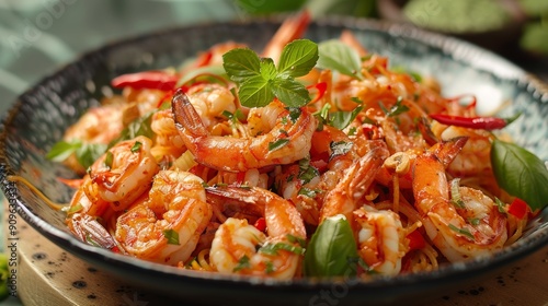 Delicious Shrimp Dish Garnished With Fresh Herbs Served On A Decorative Plate