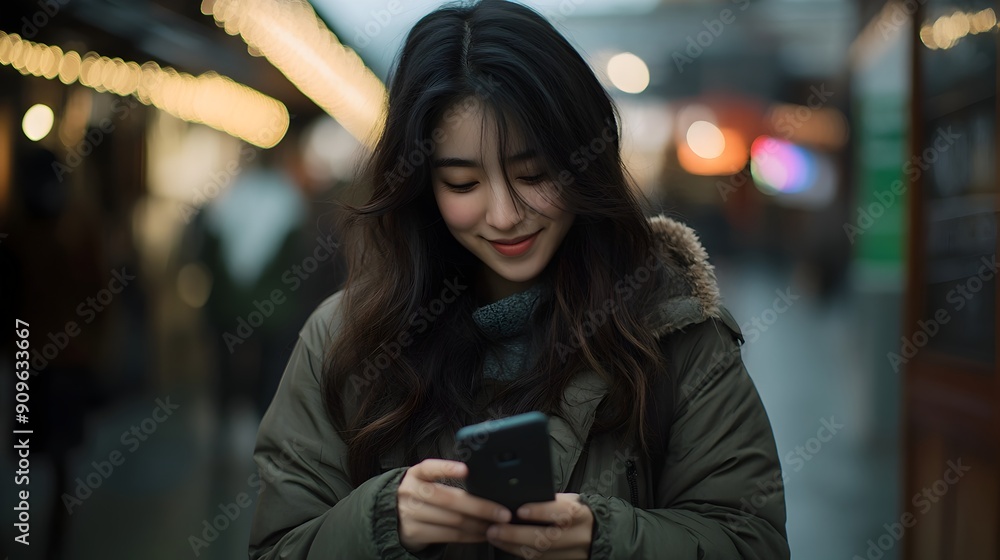 Smiling young Asian woman holding mobile phone on city street at night under 35mm Smiling young Asian woman holding mobile phone on city street at night under 35mm