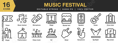 Music Festival icon set. Editable Stroke Icon Collection. Includes bazar tent, big screen, spotlight, stage, guitar, singer, and More. Outline icons vector collection.