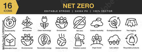 Net Zero icon set. Editable Stroke Icon Collection. Includes carbon, low carbon, pollution control, renewable, virgin forest, global warming, and More. Outline icons vector collection.