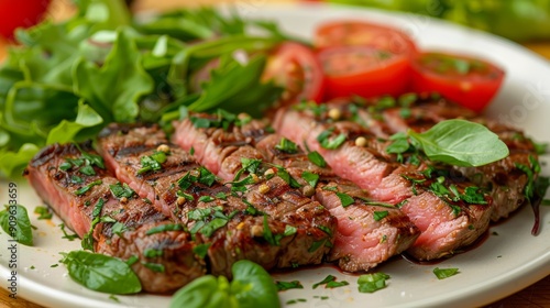 Grilled Steak Slices Served With Fresh Salad And Sliced Tomatoes On A White Plate