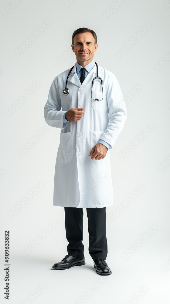 Smiling Doctor in White Coat: A doctor in a white coat with a stethoscope Smiling Doctor in White Coat: A doctor in a white coat with a stethoscope