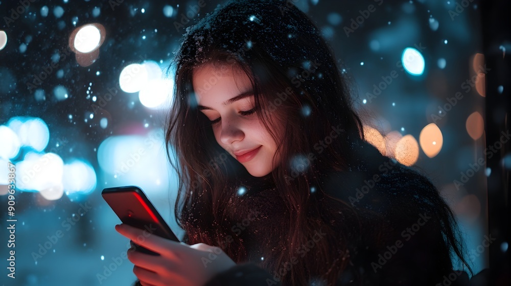European Teenage Girl Holding Smartphone Outdoors in Snowy Night with Dramatic Lighting European Teenage Girl Holding Smartphone Outdoors in Snowy Night with Dramatic Lighting