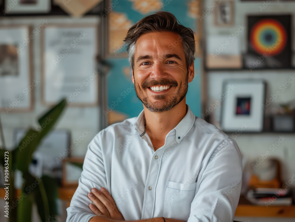 Obraz premium Professional portrait of a business man with a creative twist, vibrant office environment. Startup and small business entrepreneur with happiness and business growth feeling working success