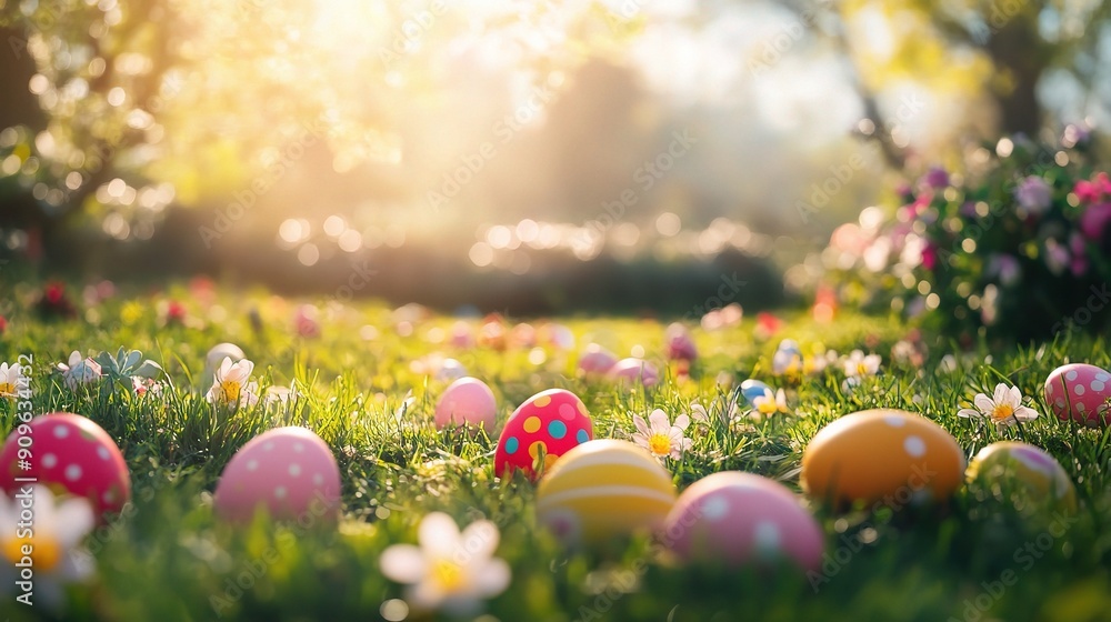 Easter Egg Hunt in a Sunlit Meadow: Vibrant, colorful Easter eggs are scattered amidst the lush green grass of a sun-drenched meadow, creating a magical springtime scene perfect for Easter celebration Easter Egg Hunt in a Sunlit Meadow: Vibrant, colorful Easter eggs are scattered amidst the lush green grass of a sun-drenched meadow, creating a magical springtime scene perfect for Easter celebration