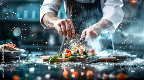 Chef Preparing a Delicious Dish with Smoke and Salt.