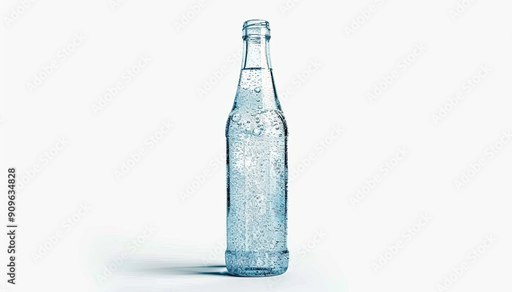 A single glass bottle filled with clear sparkling water A single glass bottle filled with clear sparkling water