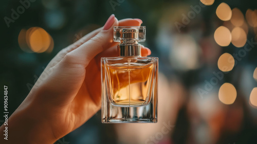 A woman's hand holds a fancy glass perfume bottle, zoomed in on it. The picture is about perfume and beauty. A woman holds a clear glass perfume container. A lady's hand holds a bottle of perfume.