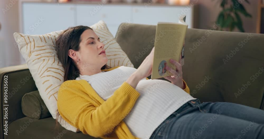 Pregnant woman, relax and book for reading on sofa with information, knowledge and wellness. Future mama, home and literature for pregnancy education, fetal development and advice for newborn care Pregnant woman, relax and book for reading on sofa with information, knowledge and wellness. Future mama, home and literature for pregnancy education, fetal development and advice for newborn care