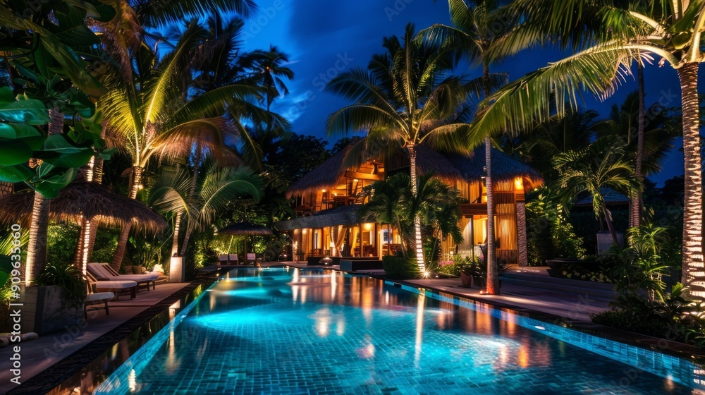 Tropical Nighttime Villa with Pool and Palm Trees Tropical Nighttime Villa with Pool and Palm Trees