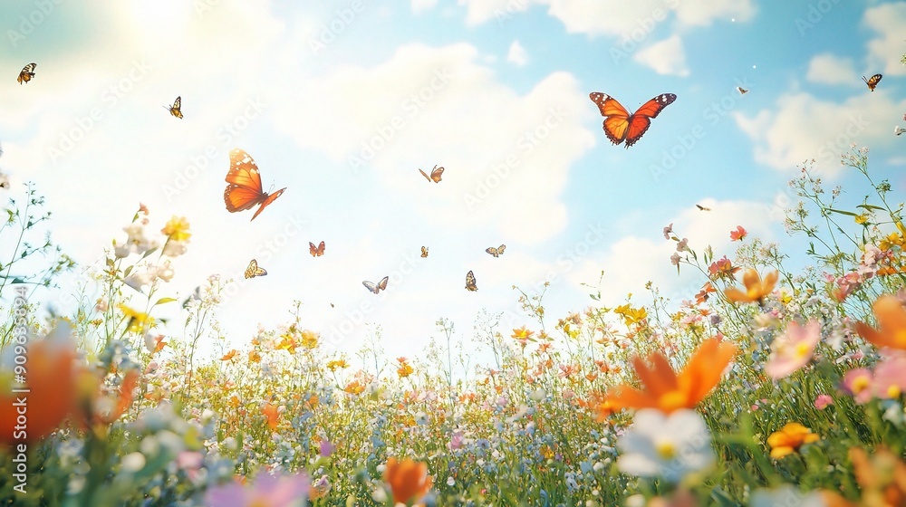 Butterflies and Blooms: A vibrant meadow bursts with color as butterflies dance in a sun-drenched sky, evoking a sense of carefree joy and the beauty of nature's simple pleasures. Butterflies and Blooms: A vibrant meadow bursts with color as butterflies dance in a sun-drenched sky, evoking a sense of carefree joy and the beauty of nature's simple pleasures.